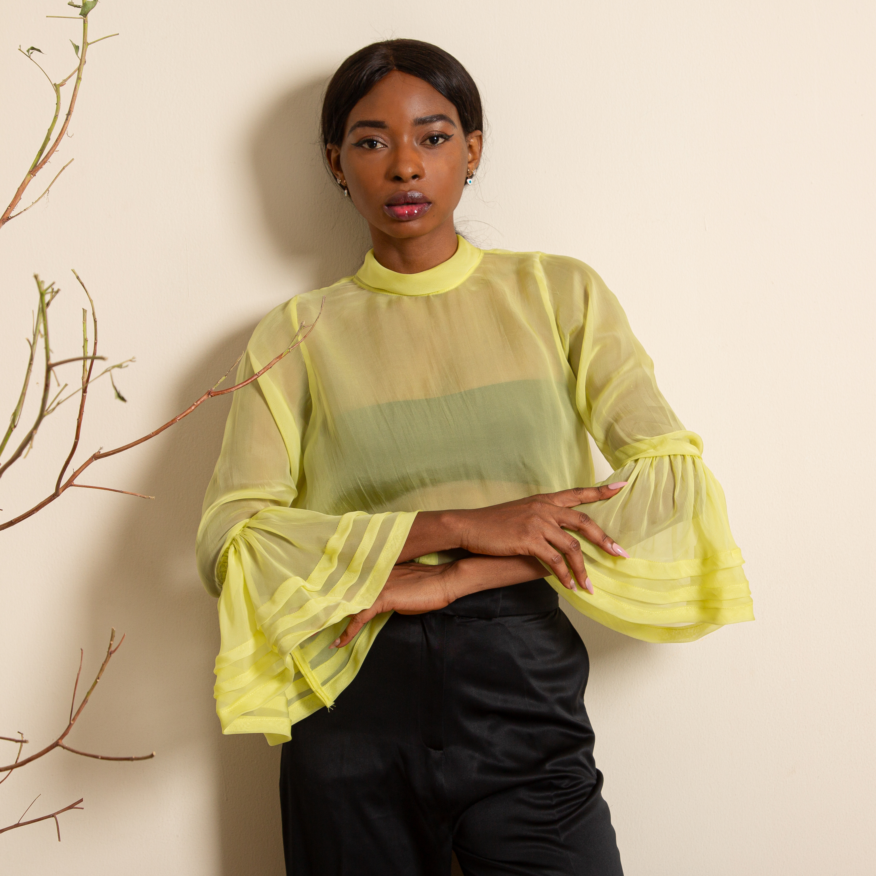 Ruffled Cuff Neon Blouse