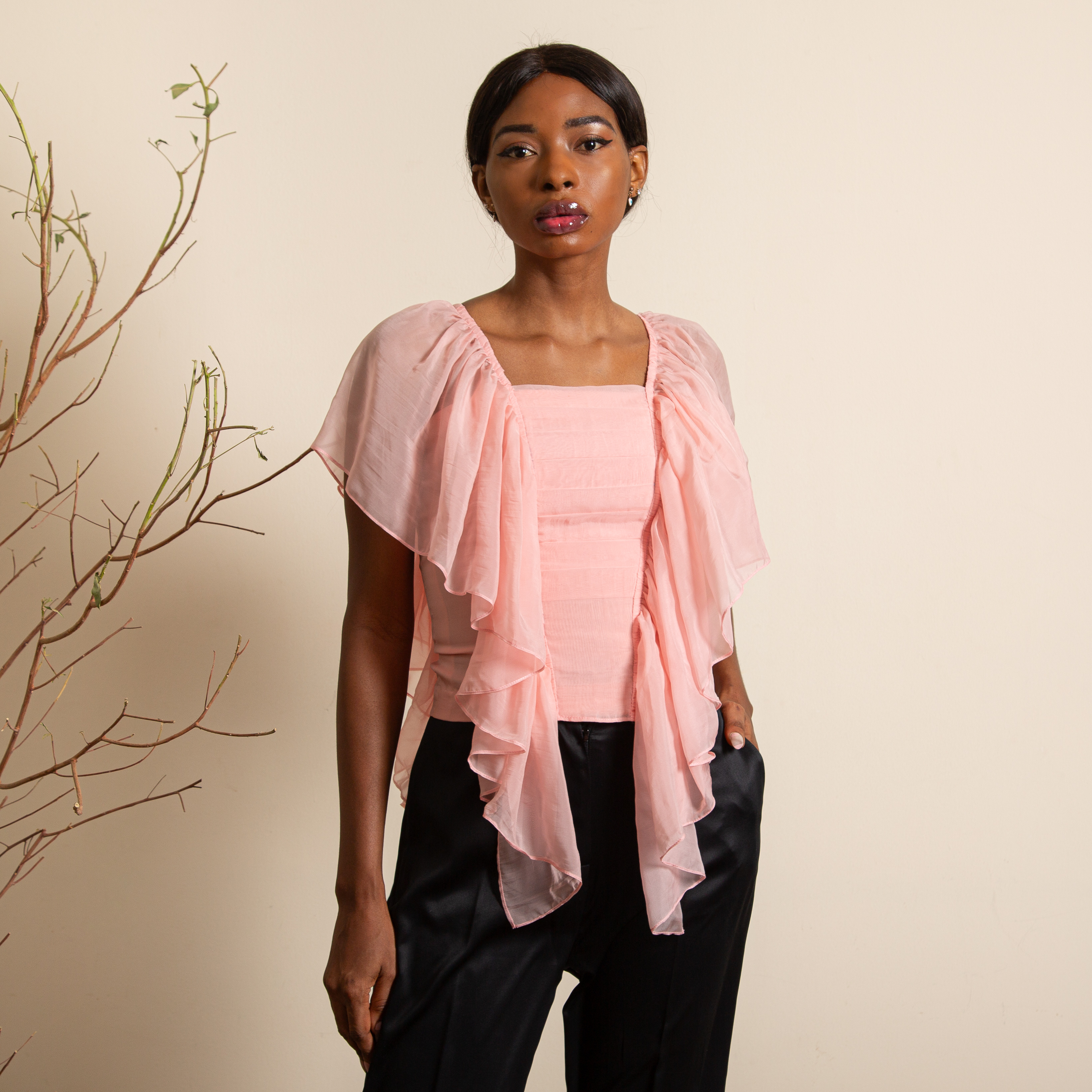 Blush Ruffle Top with Pleat Detail