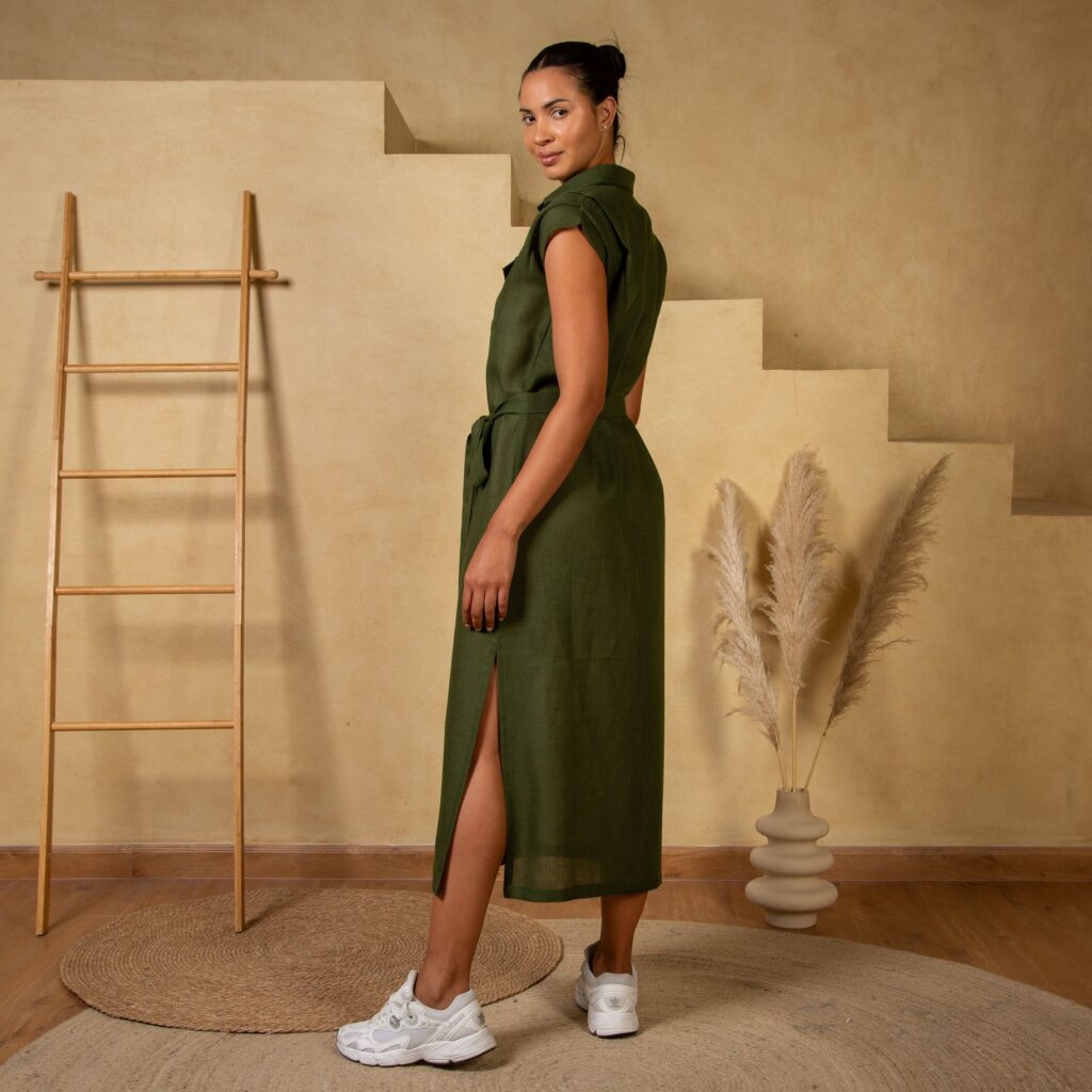 Olive Linen Button-Down Dress